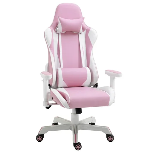 "Gamingstuhl mit Kopfstütze Lendenkissen Bürostuhl höhenverstellbar Schaumstoff Kunstleder Nylon Rosa+Weiß 71 x 73 x 128- image"