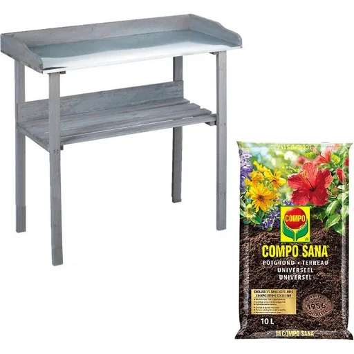 "Garten Pflanzgefäß mit Zinkplatte und Holzablage Anthrazit - 78 x 38 x 86 cm inkl. Compo Sana 10L Blumenerde image"