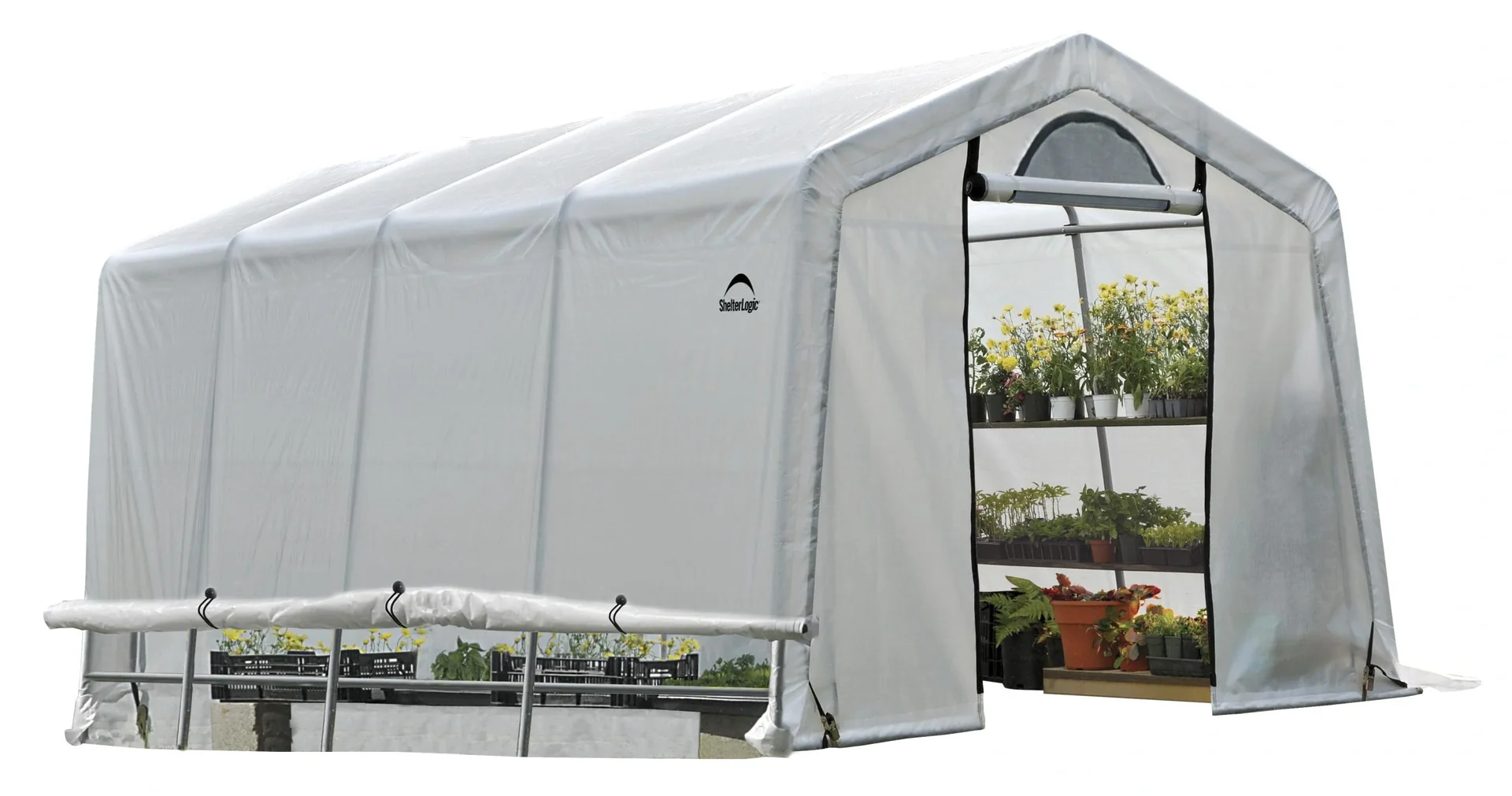 "ShelterLogic Gewächshaus 18,3 m² Weiß, 300×610 cm – begehbares Foliengewächshaus mit Aufrolltür, wetterfest image"