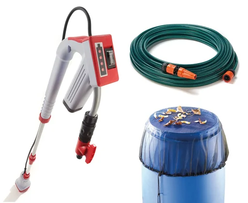 "Set Akku-Regenfasspumpe, teleskopierbar, 12 Volt + Regentonnen-Netz 95 cm + Gartenschlauch-Set „Economic ½“, 20 Meter image"