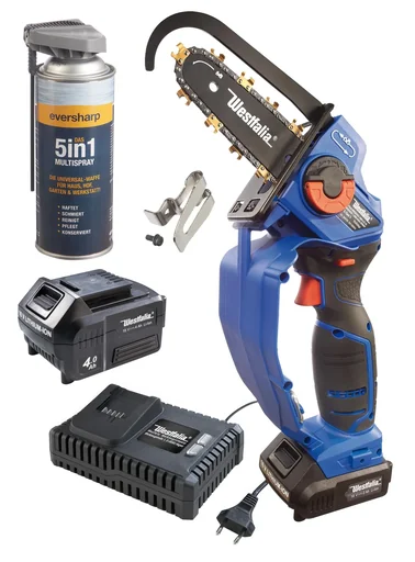 "SET X-SAW Pro 4 Ah, Akku-Einhand-Powersäge mit 18 V LI-ION Akku 4 Ah + Schnellladegerät + Gürtel-Clip und Multispray image"