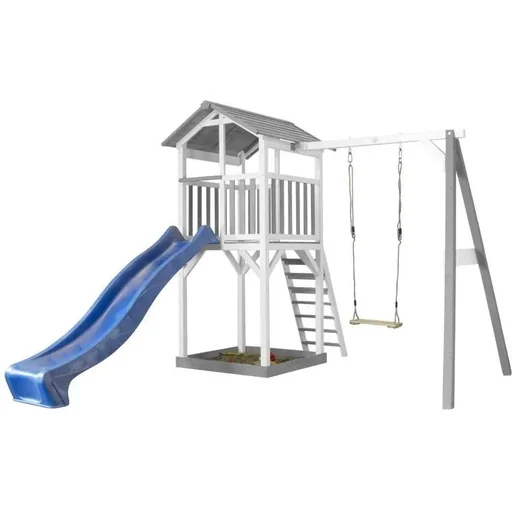 "Strand Tower mit Spielturm Einzelschaukel - Blaue Rutsche image"