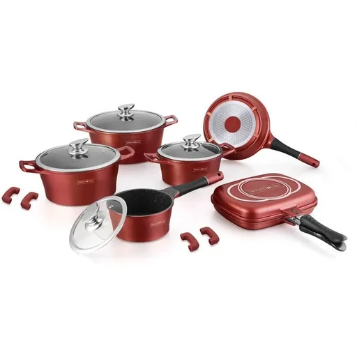 "Töpfe und Pfannen - 15 Stück - Antihaftbeschichtung - Inklusive Glasdeckel und abnehmbare Griffe - Bordeaux image"