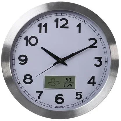 "Aluminium Wanduhr mit LCD-Display und Thermometer, Hygrometer & Wettervorhersage - Ø 35 cm image"