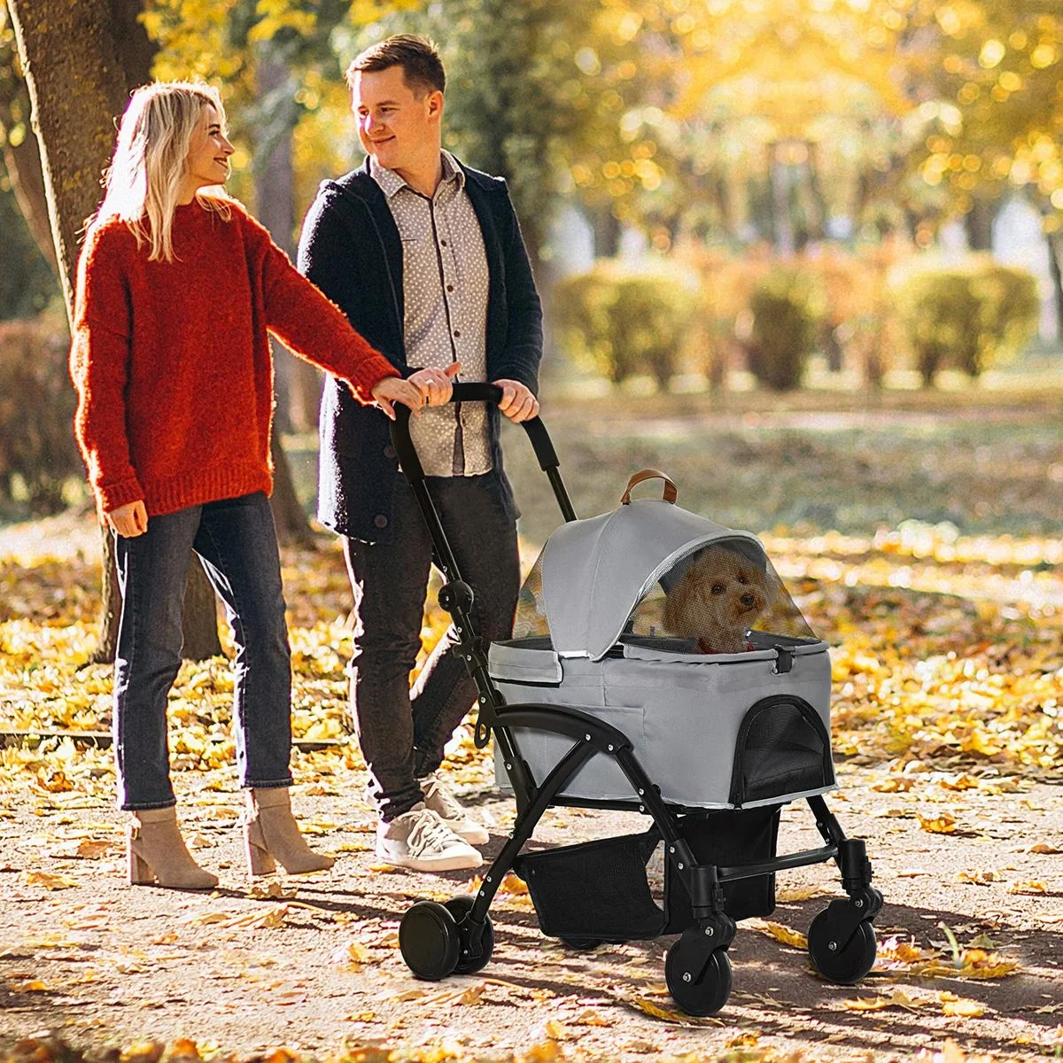 2-in-1 Hundebuggy Transporttasche Katzenbuggy mit Universal Rad abnehmbar Abdeckung Oxford Grau+Schwarz 76,5 x 48 x 99 c