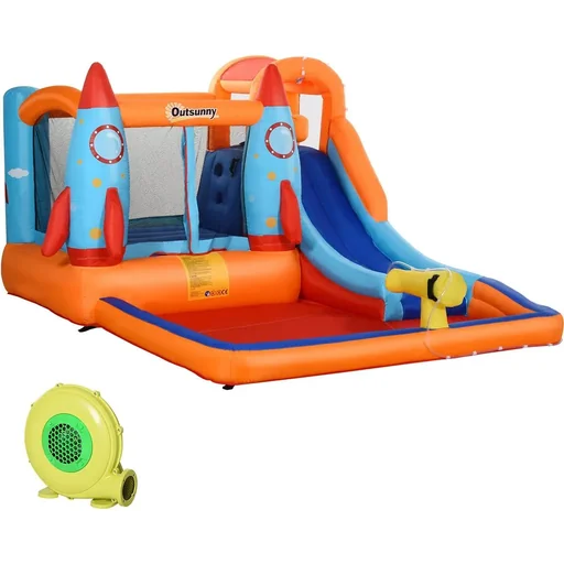 "Aufblasbare Hüpfburg mit Rutsche für 4 Kinder Burg Springburg mit Gebläse Spielburg Spielhaus für 3-10 Jahre Kindergarte image"