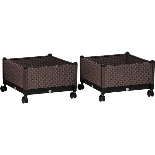 "Hochbeet 2-teiliger DIY Pflanzkasten mit Rollen Abflusslöchern Pflanzkasten Blumenkasten Frühbeet Kunststoff Braun image"