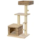 Rattan Katzenbaum Kratzbaum Kätzchen Möbel mit Katzenhöhle Ballspielzeug Sisal weiche Plüsch PE Höhe 108 cm Braun+Beige