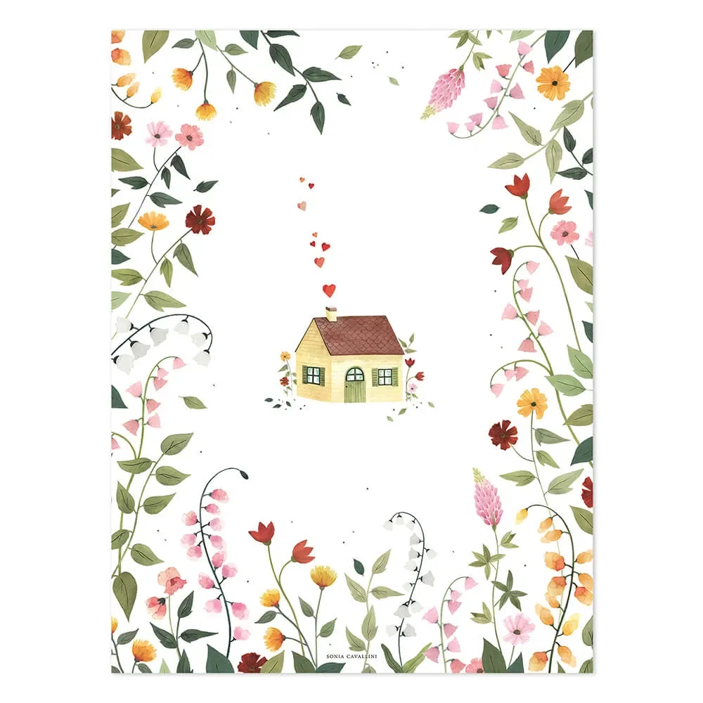 "Lilipinso Poster Landhaus zwischen Blumen bunt image"