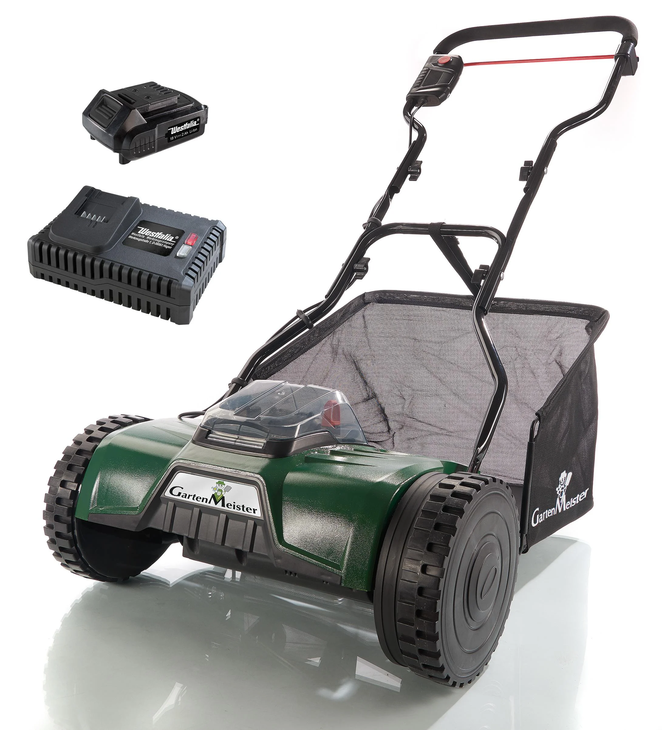 Set Akku-Walzenmäher „GM 38/18“, Li-Ion-Akku, 18 Volt, 2,0 Ah und Li-Ion-Akku-Schnellladegerät, 18 Volt