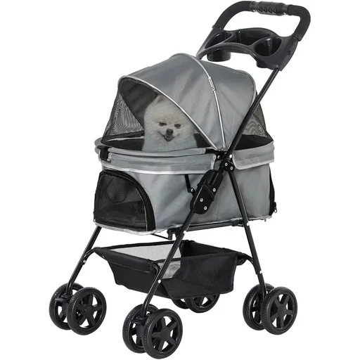 "Hundebuggy mit Klappfunktion Hundewagen Buggy für Hunde und Katzen Haustierwagen Katzenbuggy Oxford Grau 67 x 45 x 96 cm image"