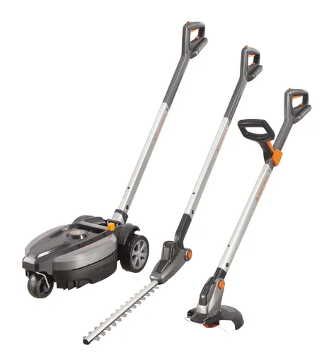 "Akku-Rasenmäher, Akku-Grastrimmer und Akku-Heckenschere im Set image"
