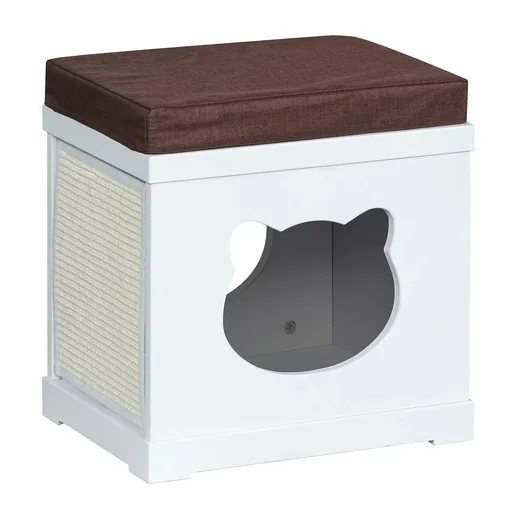 "Katzenhaus Sitzhocker Hocker 2 In 1 Katzenhöhle Katzenwohnung MDF Weiß 41 x 30 x 36 cm image"