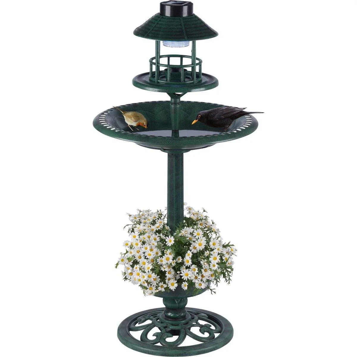 Vogeltränke mit Pflanzgefäß - Futterautomat - Solar-LED-Beleuchtung - 50 x 140 - Antique Green