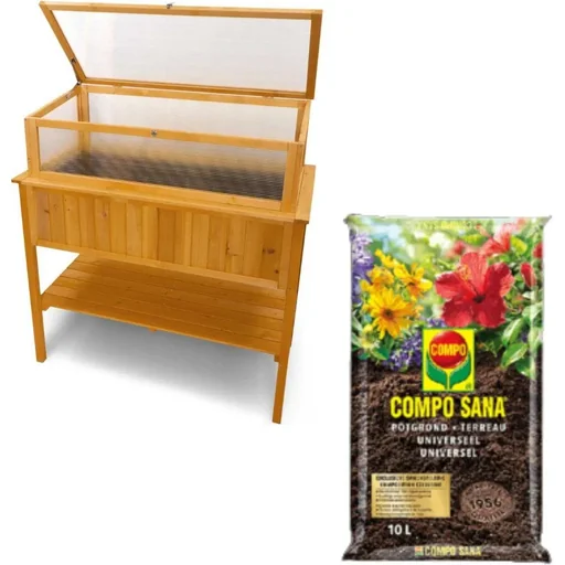 "Garten Holz Gewächshaus / Gemüsegarten Tisch auf Beinen - 113x57x90cm inklusive Compo Sana 10L Blumenerde image"