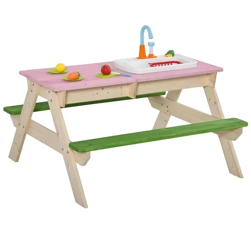 "2-in-1 Kinder Campingtisch mit 2 Sitzbänke Matschküche Spieltisch mit Wasserhahn Holz Spieltisch für Kinder 3-7 Jahren F image"