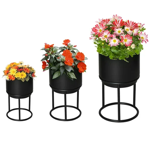 "3er Set Blumenständer mit Blumentopf aus Metall Pflanzenständer Set Blumenhocker Blumentopfhalter Pflanzenhocker Schwarz image"