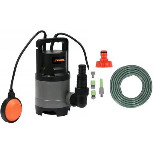 "Tauchpumpe - 500W - 10.000l/h MIT 15 Meter Gartenschlauch inkl. Düse und Armaturen UND Hahn 1". image"