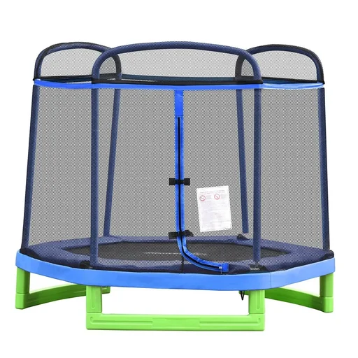 "Kinder Trampolin mit Sicherheitsnetz Indoortrampolin Fitnesstrampolin für 3-12 Jahre Kinder bis 80 kg Stahl Blau+Grün 21 image"