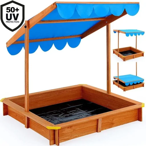 "Sandkasten mit Sonnenschirm - Sandkasten mit verstellbarem Dach - 120x120cm, Blau image"