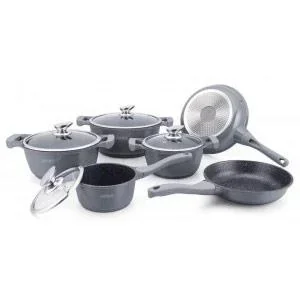 "14-teiliges Pfannenset mit Marmorbeschichtung - Mit Deckel - Kochtopf - Bratpfanne - Grau image"