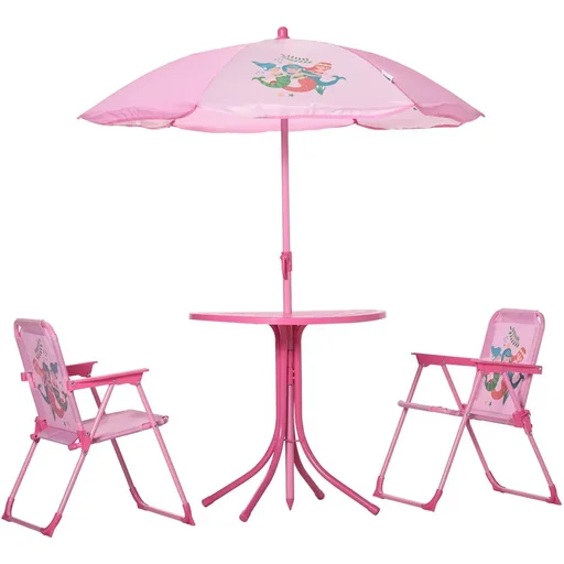 "4 Stück Kindermöbel Set Gartentisch 2 Klappstühle Sonnenschirm Camping Kindersitz Set Gartenmöbel für 3-6 Jahre rosa image"