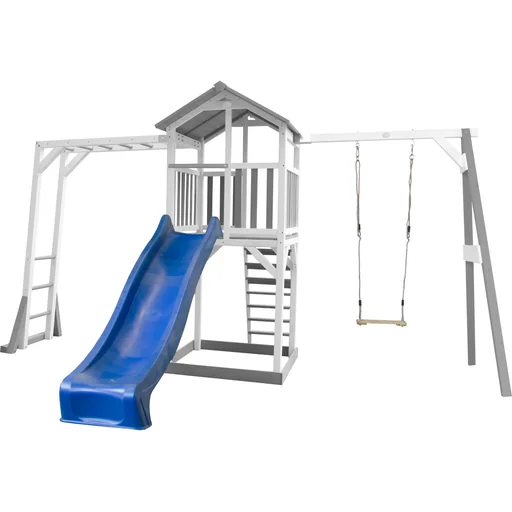 "Beach Tower Spielturm mit Klettergerüst und Einzelschaukel - Blaue Rutsche image"