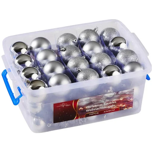 "Weihnachtskugeln - 70 Kugeln - mit Aufbewahrungsbox - Kunststoff / Kunststoff - Silber image"