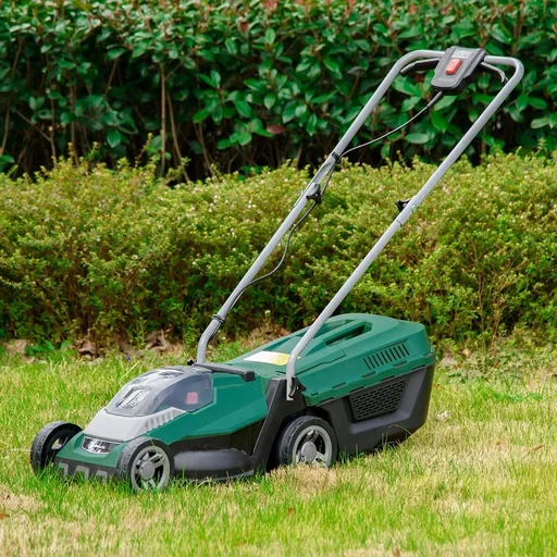 "Akku-Rasenmäher mit 32 cm Schnittbreite 30 Liter Grasfangkorb mit 2,5 Ah Akku und Ladegerät 120 x 38 x 98 cm image"