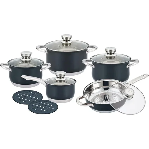 "Herenthal - Komplettes 12-teiliges Kochgeschirr-Set - Schwarz/Silber image"