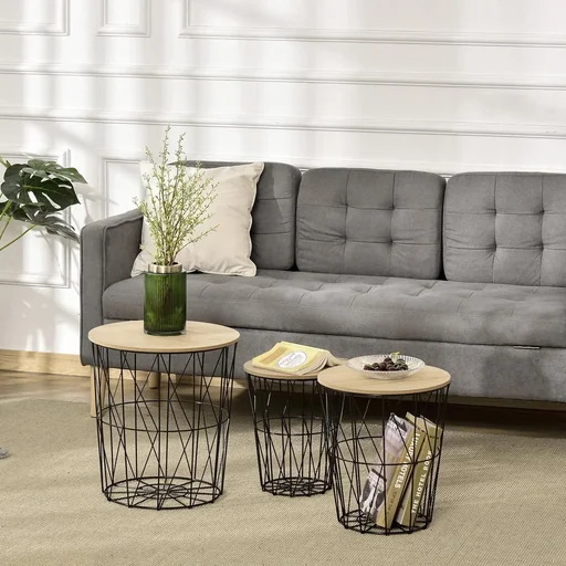 "Couchtisch Beistelltisch 3-teilig Nachttisch Satztisch Wohnzimmer Schlafzimmer Metall MDF Naturholz+Schwarz Ø42 x 45H c image"