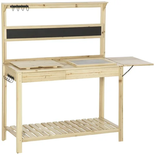 "Pflanztisch Gärtnertisch mit 8 Haken Schublade Ablage Blumentisch aus Holz für Garten Terrasse Natur 151 x 45,5 x 143 cm image"