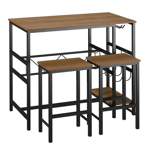 "Bartisch-Set, Stehtisch mit 2 Barhockern, 3-teiliges Tischset Küchentresen mit Flaschenhalterung Spanplatte, Stahl, Natu image"