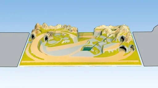 "Fertiggelände Mittenwald - 200 x 120 cm, ca. 41 cm hoch, Spur H0,TT, koloriert und begrast, auf Holzrahmen image"