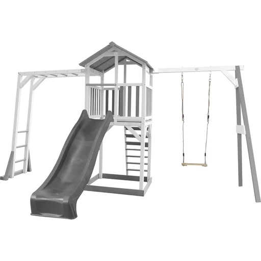 "Beach Tower Spielturm mit Klettergerüst und Einzelschaukel - Graue Rutsche image"