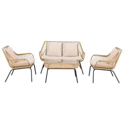 "Sitzgruppe, Outdoor Sitzgarnitur, Gartenmöbel Set mit Beistelltisch, Metall, Rattan, Beige, 118 x 69 x 73 cm image"