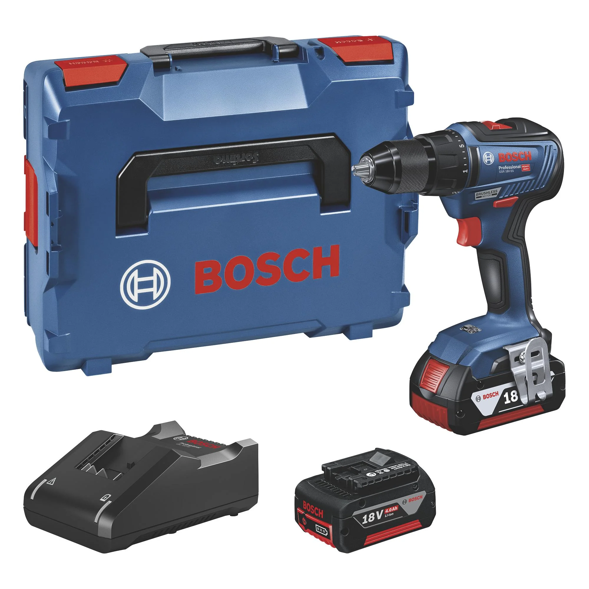 Akku-Bohrschrauber GSR 18V-55 (2x 4.0 Ah; GAL 18V-40; L)