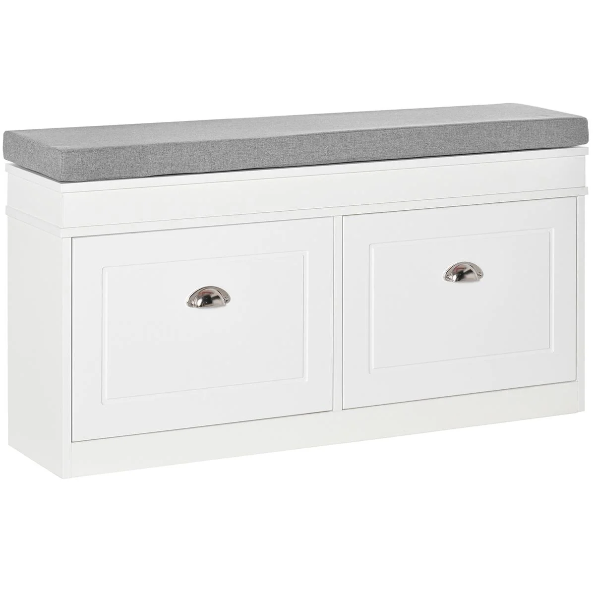 Schuhregal Schuhbank mit Kissen und 2 Schubladen Spanplatte MDF Polyester Schaumstoff Weiß+Grau 104 x 24 x 55 cm