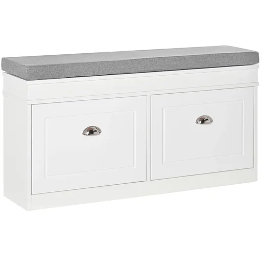 "Schuhregal Schuhbank mit Kissen und 2 Schubladen Spanplatte MDF Polyester Schaumstoff Weiß+Grau 104 x 24 x 55 cm image"