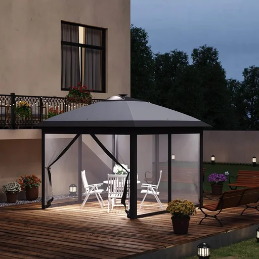 "Pavillon Faltpavillon mit LED Solar Lichterkette USB-Ladeanschluss Pop-Up-Pavillon 3,3 x 3,3 m Gartenpavillon inkl. Tasc image"