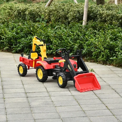 "Trettraktor Tretauto Tretbagger mit Fontlader für 3-6 Jahre Bagger Kinder Stahl Kunststoff Rot 179 x 42 x 59 cm image"