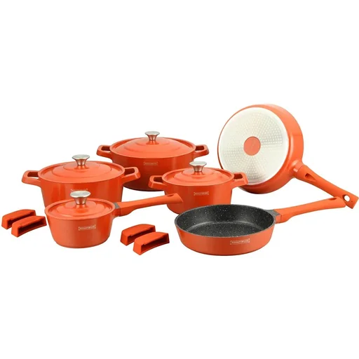 "14-teiliges Kochgeschirrset - 4 abnehmbare Griffe - Orange image"