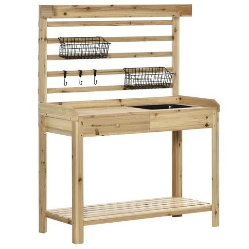 "Pflanztisch Gärtnertisch mit waschbecken Blumentisch aus Holz mit Schublade Haken Korb Ablage Garten Terrasse Natur 107, image"