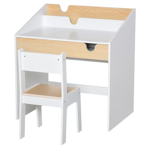 "2-tlg. Kindersitzgruppe mit Kindertisch Stuhl für 6-10 Jahre Kindermöbel MDF Weiß+Natur 70 x 50 x 75 cm image"