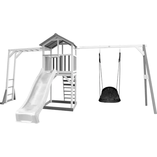 "Beach Tower Spielturm mit Klettergerüst und Roxy Nestschaukel - Weiße Rutsche image"