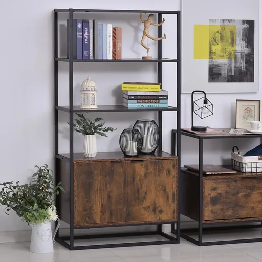 "Bücherregal Standregal Büroregal Aktenregal Küchenregal 3 Regale mit 1 Schrank Industrie-Design E1 Spanplatte Metallrahm image"