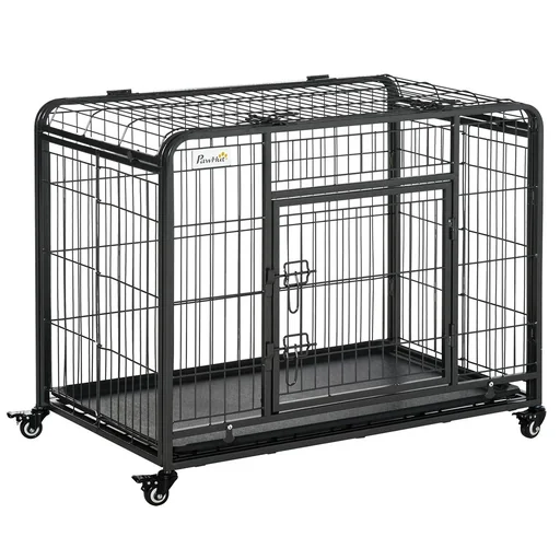 "Hundekäfig faltbarer Transportkäfig mit Rädern 2 abschließbare Türen und abnehmbares Tablett Metall Grau+Schwarz 94 x 58 image"