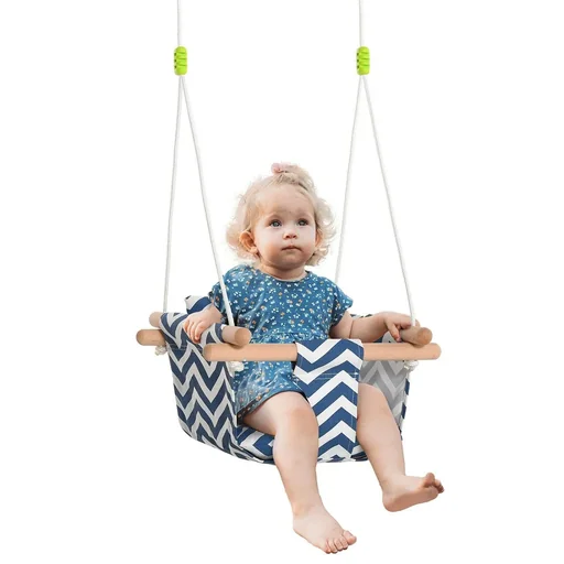 "Kinderschaukel mit Sicherheitsgurt Kissen Babysitz Baumwolle Pappelholz Blau+Weiß 40 x 40B x 180H cm image"