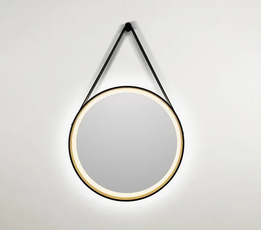 "Dekorativer runder Wandspiegel mit LED Beleuchtung in schwarz/gold matt Ø 55 cm image"