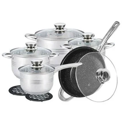 "Töpfe und Pfannen - 12 Stück - Mit Untersetzern und Deckeln - Marmorbratpfanne - Bratpfanne - Schmorpfanne - Silber image"